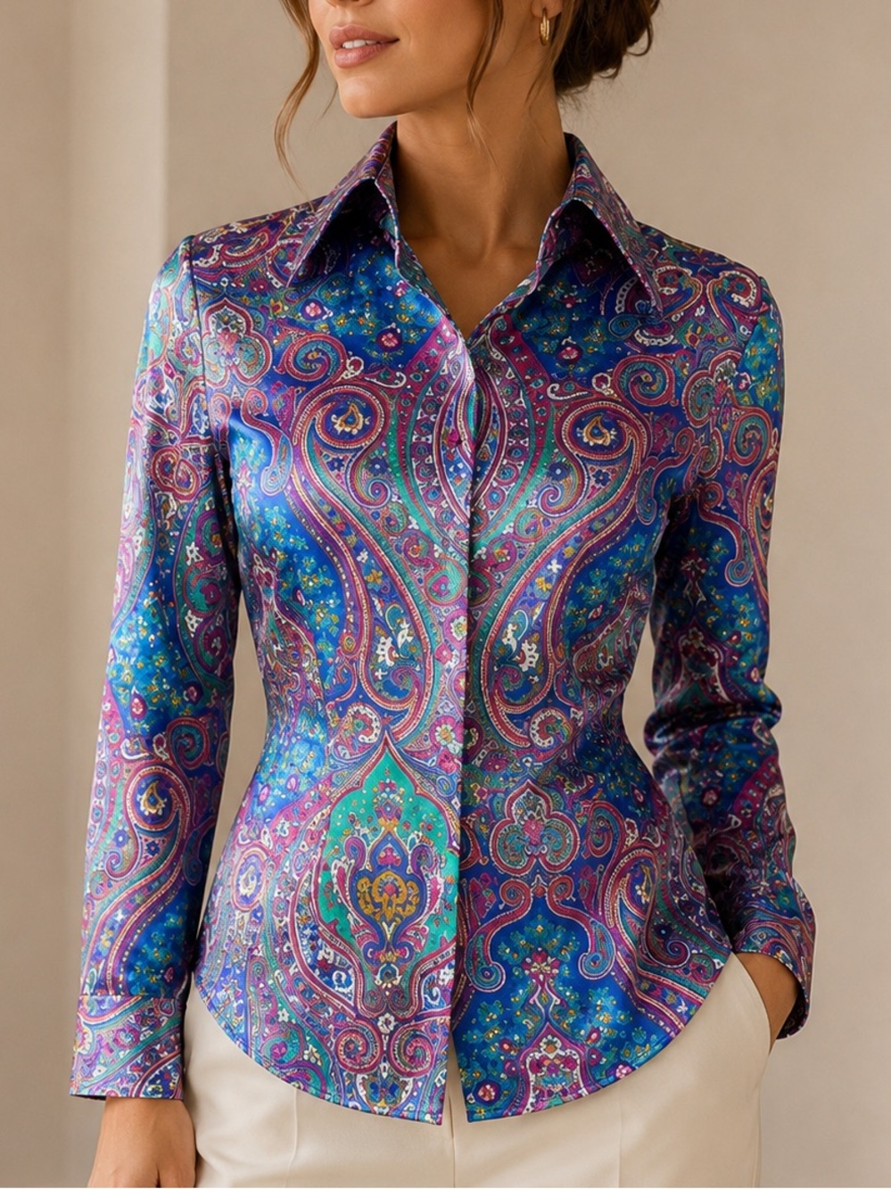 NWT Hawes & Curtis Satin Paisley Slim Button-Up Shirt Turquoise Fuchsia US8 Chic